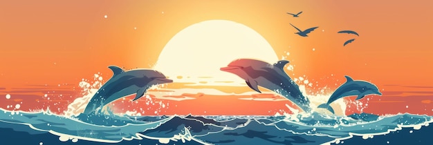 Horizontal banner World Whale and Dolphin Day Flat illustration Dolphins jump out of the sea waves against the backdrop of sunset Marine animal protection concept Free space for text