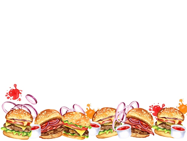 Horizontal border with different tasty burgers onion sause splashes watercolor hand drawn illustrati