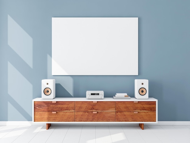 Horizontal canvas Mockup hanging on the Blue wall, hi fi micro system on bureau, 3d rendering