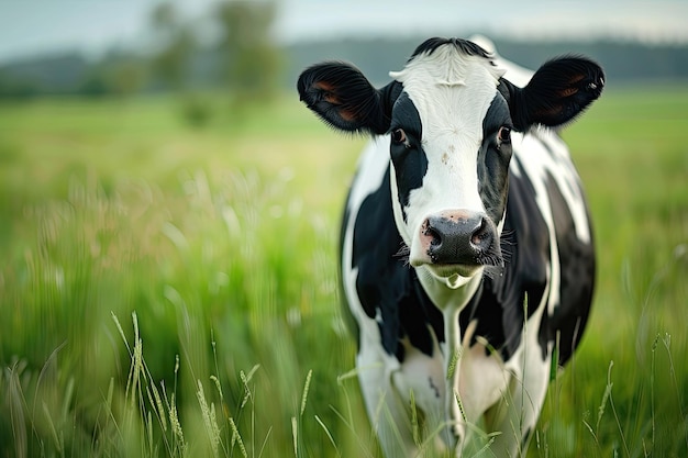 Horizontal closeup shot of a black and white cow in the pasture