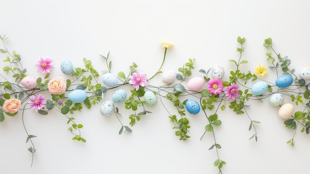 Photo a horizontal easter garland with eggs and flowers on a white background