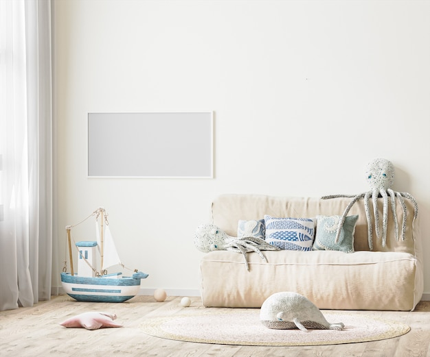 Horizontal frame in children's room interior with bed and soft toys in 3d rendering