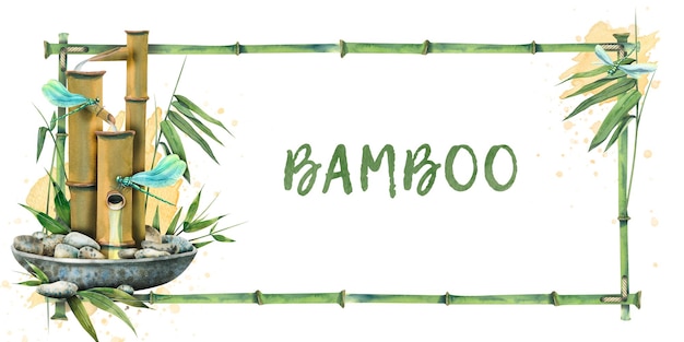 Horizontal frame made of bamboo stems with leaves and compositions with bamboo fountain Watercolor illustration For registration and design of invitations certificates spa salons menu