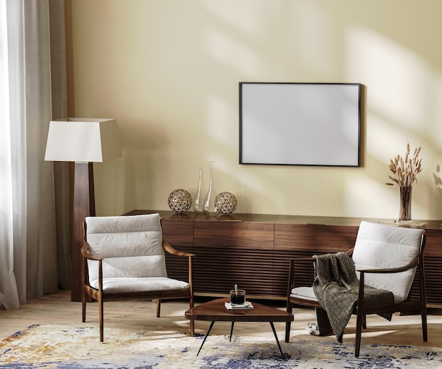 Horizontal frame mock up in living room interior background in beige and brown colors and light shadows on wall,, 3d rendering