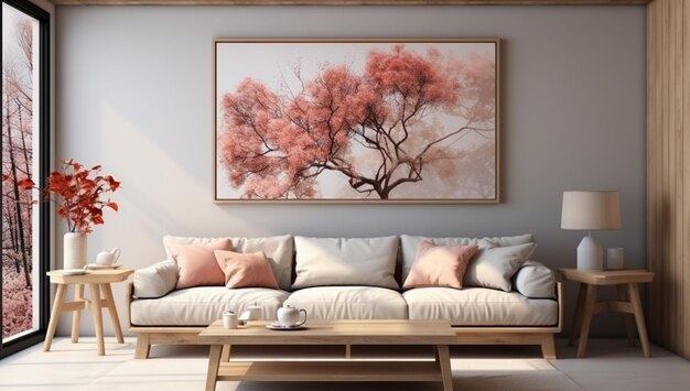 Horizontal frame for a poster in the interior of a living room in a modern style a beige sofa with