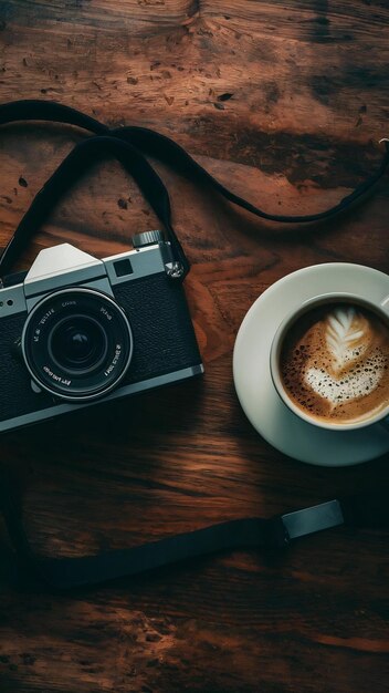 Photo horizontal frame with camera and coffee