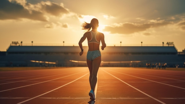 Horizontal full length photo of tall slender athletic woman wearing sport t shirt shorts sneacers running on stadium track in the morning Female athlete running towards the sun rear view