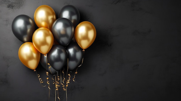 Horizontal gold balloons bunch a black wall background Generative AI