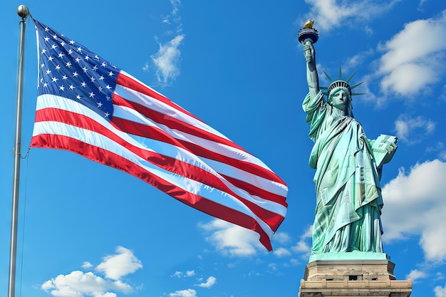 horizontal Iconic Statue of Liberty with the American Flag against blue sunny sky