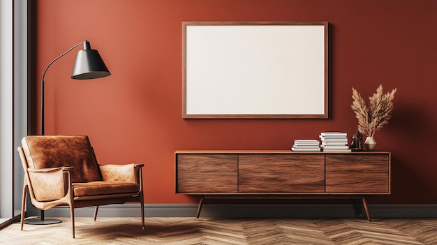 Horizontal mockup frame over a midcentury modern credenza with a borderless design for a sleek look The room features a cozy reading nook with a leather armchair a stack of books and a floor