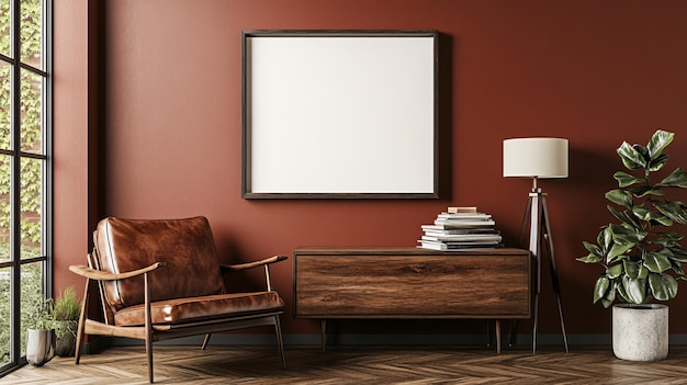 Horizontal mockup frame over a midcentury modern credenza with a borderless design for a sleek look The room features a cozy reading nook with a leather armchair a stack of books and a floor