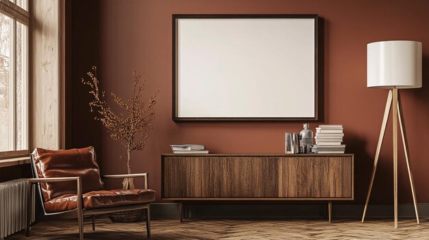 Horizontal mockup frame over a midcentury modern credenza with a borderless design for a sleek look The room features a cozy reading nook with a leather armchair a stack of books and a floor