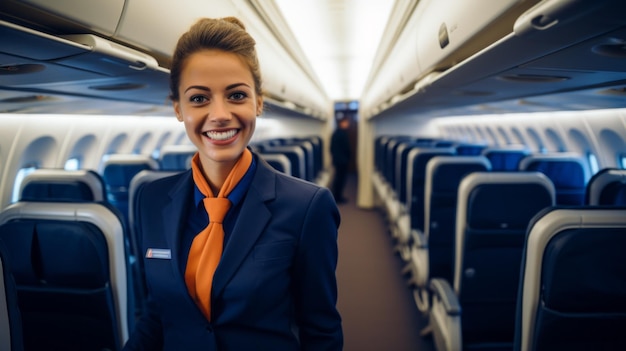 Horizontal photo of a smiling flight attendant in uniform looking at the camera against the background of empty blue seats on the plane Travel Service Transportation Aircrew Profession Concepts