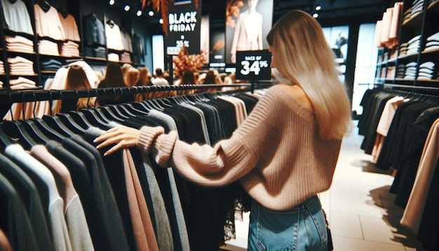 Horizontal photo of a woman from behind touching and examining clothes on a rack in a clothing store