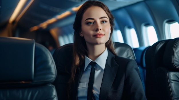 Horizontal Portrait of an attractive smiling Stewardess wearing a blue uniform stands in the aisle of an Economy Class plane Travel Service Transportation Aircrew Profession Concepts Copy Space