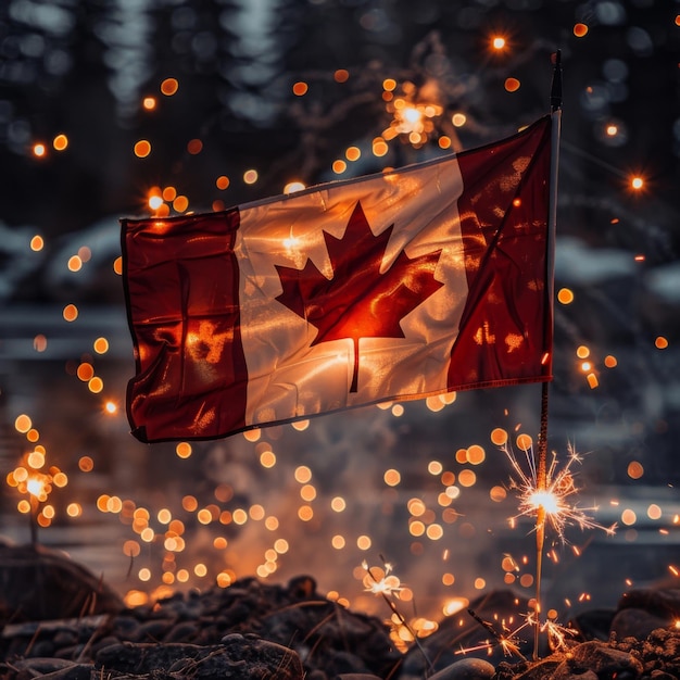 Horizontal poster Celebrating Canada Day Canada flag on a background of burning sparklers postcard