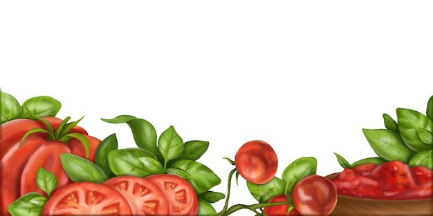 Photo horizontal rectangular border frame of red ripe tomatoes and green basil leaves digital illustration