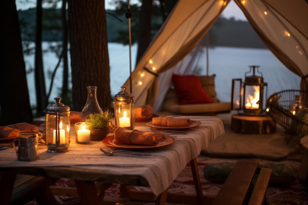 A horizontal shot of Dinner while Glamping Generative AI