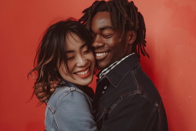 horizontal shot of happy girlfriend and boyfriend embrace with love