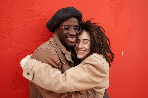 horizontal shot of happy girlfriend and boyfriend embrace with love