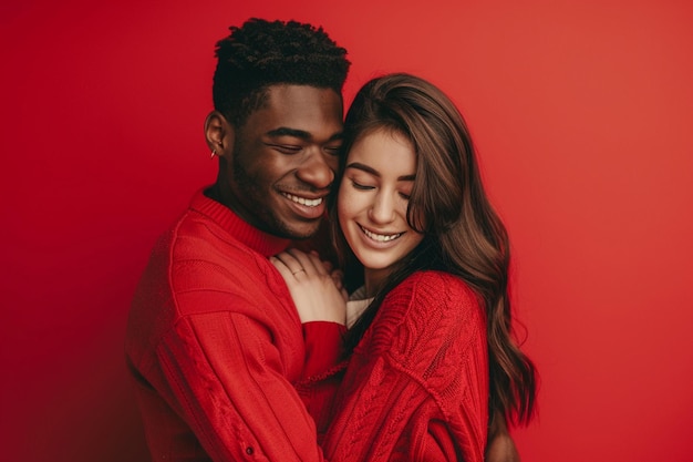 horizontal shot of happy girlfriend and boyfriend embrace with love