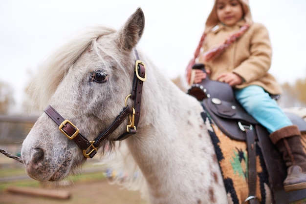 Horizontal shot of little girl spending time on horse farm sitting on beautiful pony horseback