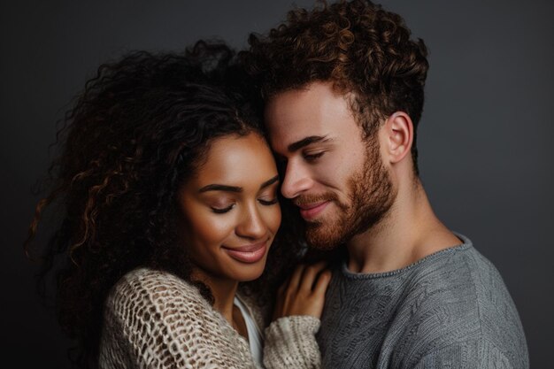 Horizontal shot of mixed race couple stand closely to each other isolated over background