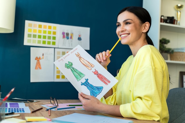 Horizontal shot of pensive brunette couturier using pencil for modeling sketches while drawing on paper in her showroom. Stock photo