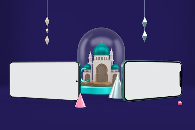 Horizontal Smart Phones Perspective View With Ramadan Themed Background