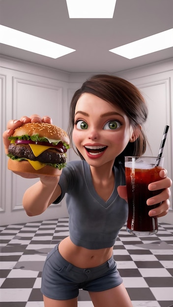 Horizontal studio shot of pretty young woman holding a burger and a glass of soda