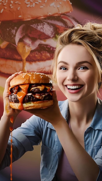 Photo horizontal studio shot of pretty young woman holding a burger