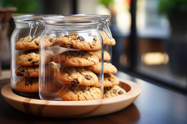 Horizontal view of gluten free cookies in a glass jar on table