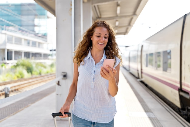 Horizontal view of woman walking in train platform with smartphone. Caucasian woman using technology and traveling in public transport. Travel and technology concept.