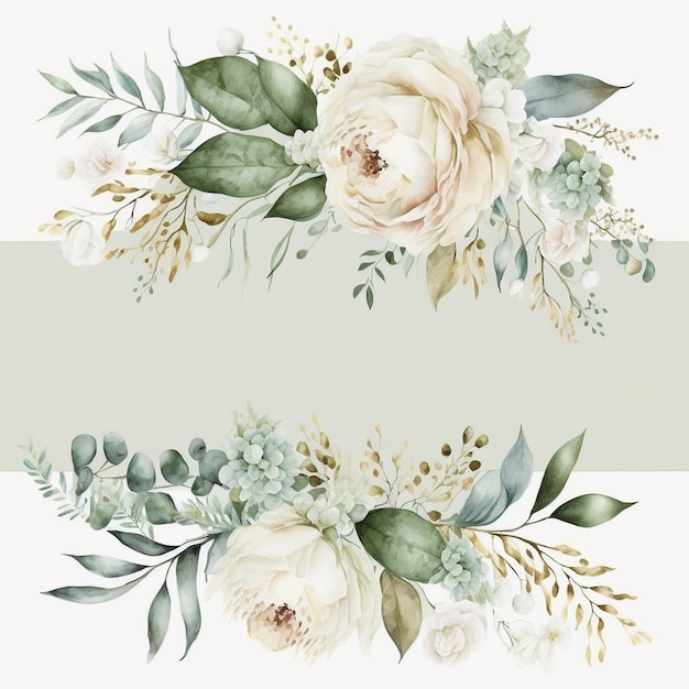 A horizontal watercolor floral border with green and white flowers.