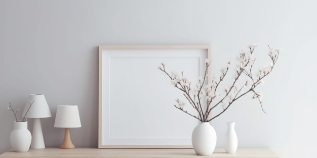 Horizontal white frame mockup on wooden table with ceramic vase and dry plants Generative AI