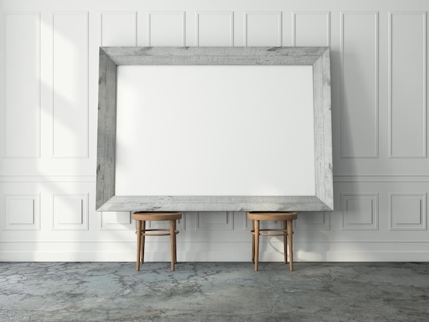 Horizontal white wooden Frame Mockup standing on the two wooden chairs living room, 3d rendering