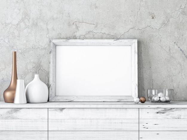 Horizontal White Wooden Frame poster Mockup standing on bureau, 3d rendering