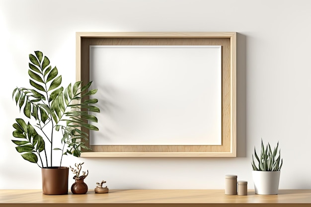 A horizontal wooden frame on a beige wall blank mockup with fluorescent shadows