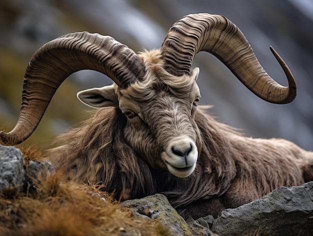 Horn sheep sitting cloud stone mountain wallpaper AI Generated Image