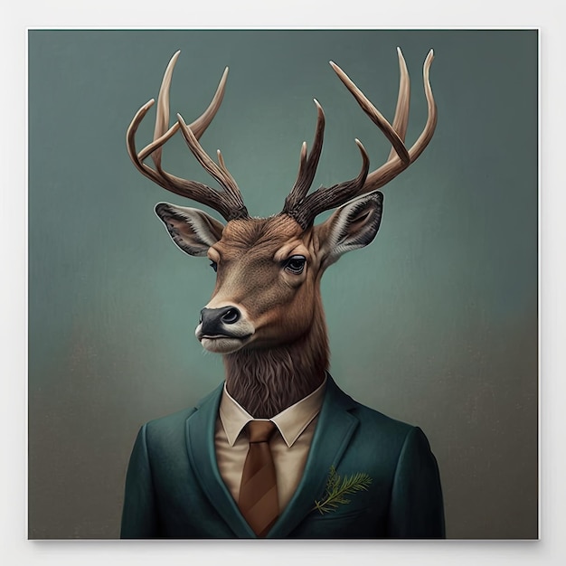 Horned sir deer wearing formal suit on dark colored background Generative AI