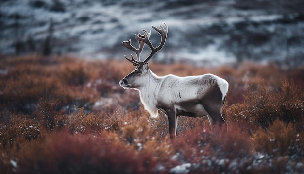 Horned stag grazes in tranquil winter meadow generated by AI