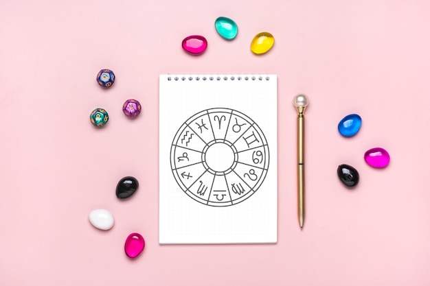 Horoscope circle with twelve signs of zodiac on paper, divination dice, colorful stone on pink background Fortune telling and astrology predictions Top view Flat lay