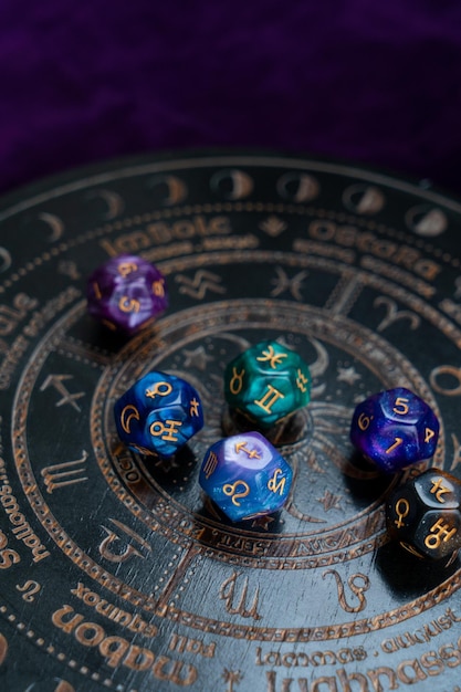 Horoscope zodiac circle with divination dice Fortune telling and astrology predictions magic rituals and exoteric experience