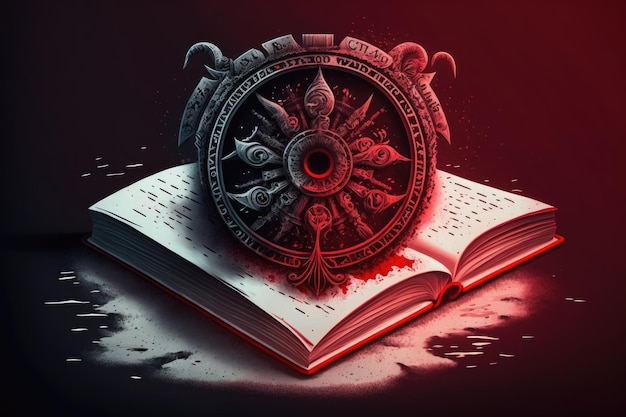 A horoscopic wheel rests on a dusty book in a school library