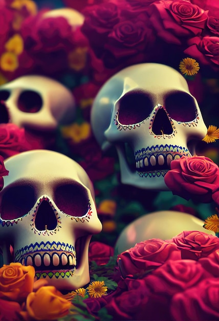 Horrible multicolored skulls with beautiful makeup