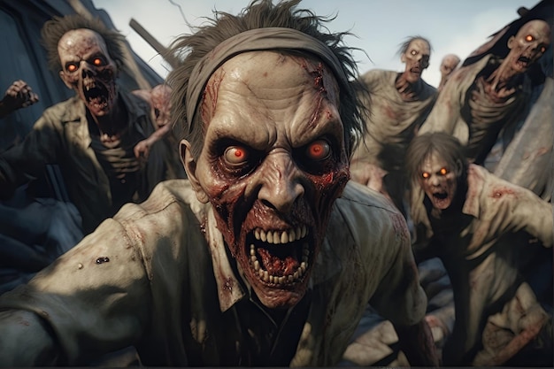 horrible Scary zombie with bloody face Zombie apocalypse horde scene