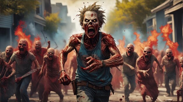 horrible Scary zombie with bloody face Zombie apocalypse horde scene