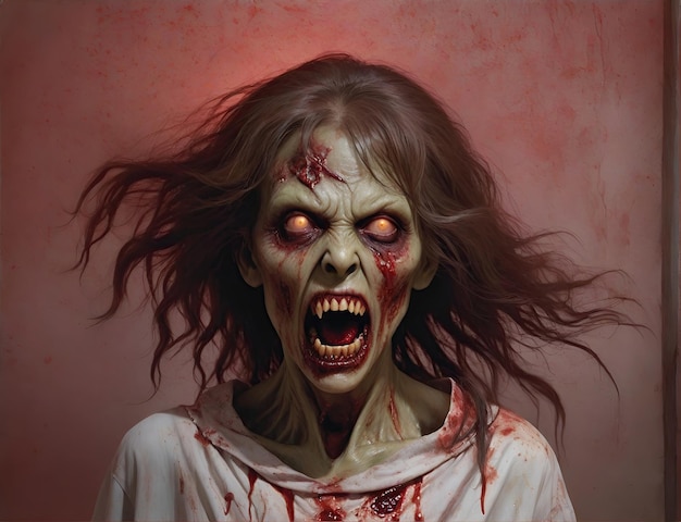 horrible Scary zombie with bloody face Zombie apocalypse horde scene