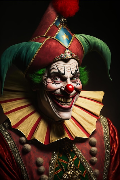 A Horror Classic clown in vintage costume suit and face makeup and creepy smile and green hat