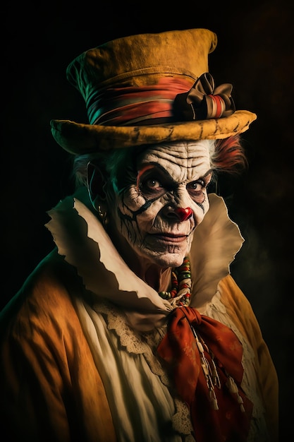 A Horror Classic clown in vintage costume suit and face makeup and creepy smile